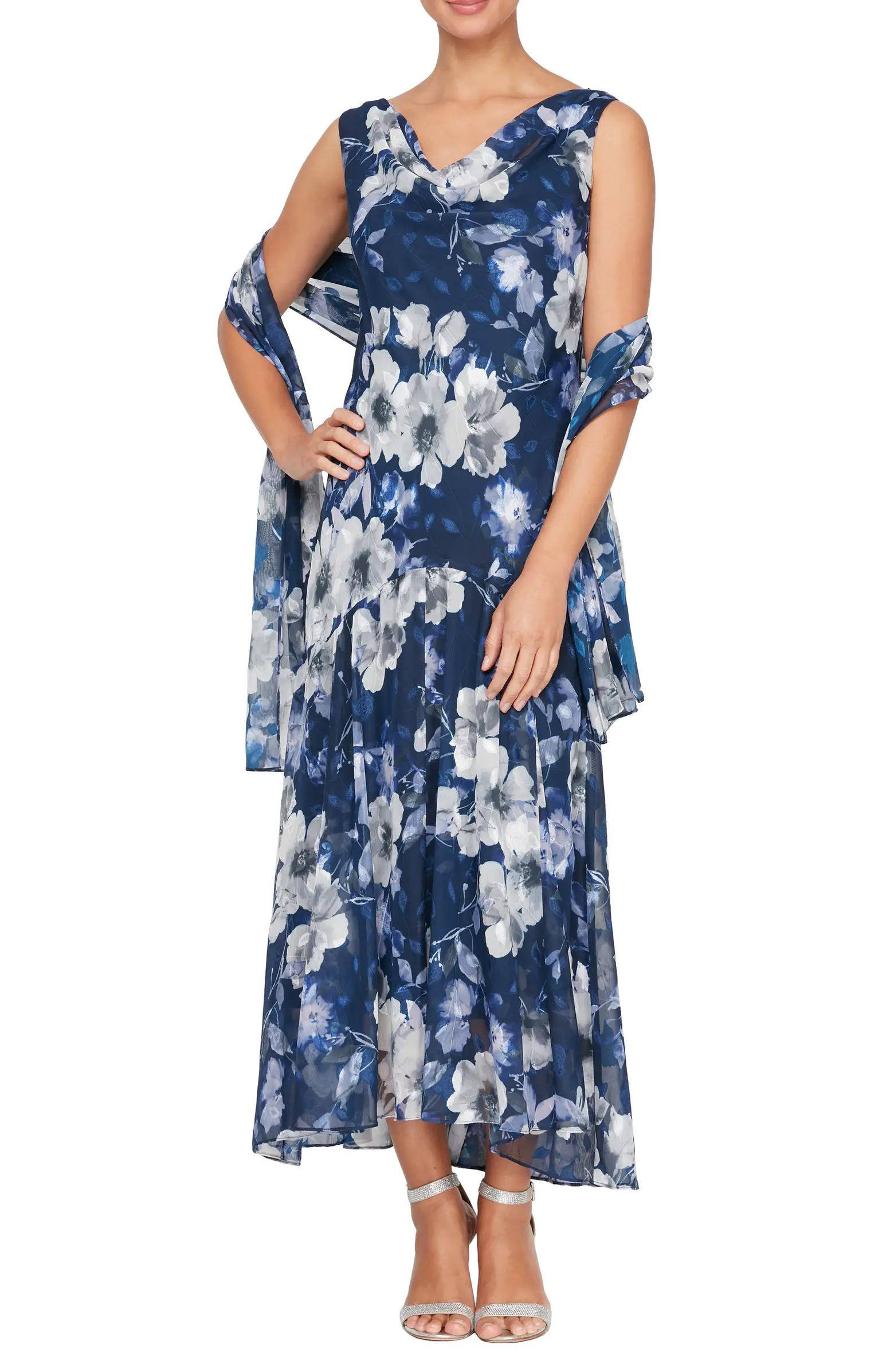Floral Cowl Neck A-Line Dress with Shawl | Nordstrom