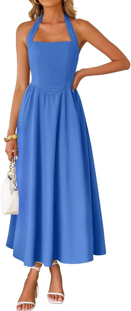 ZESICA Women's Summer Sleeveless Halter Midi Dress 2026 Off Shoulder High Waist Flowy Formal Wedd... | Amazon (US)