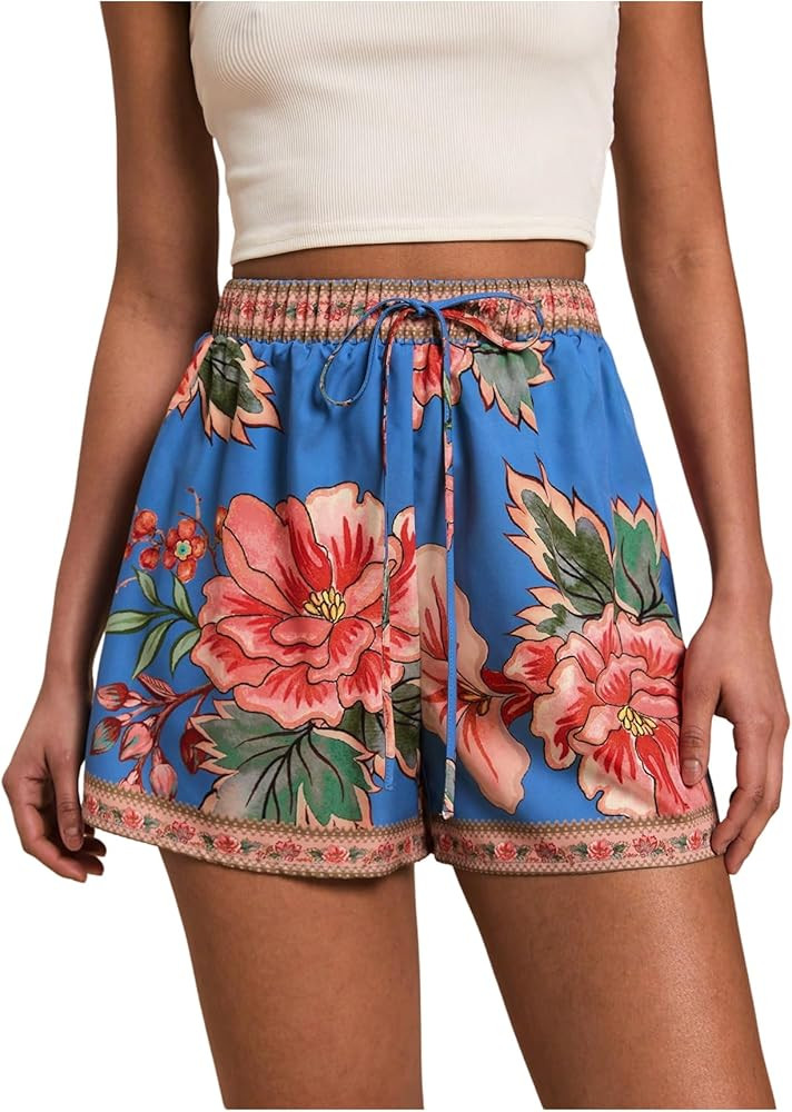 Floerns Women's Tropical Drawstring Waist Summer Shorts Straight Leg Boho Shorts | Amazon (US)