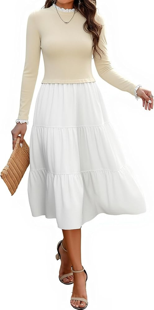 ECOWISH Sweater Dresses for Women 2026 - Fall Patchwork Long Sleeve Knit Flowy A-Line Midi Casual... | Amazon (US)