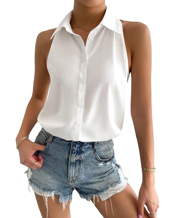 Milumia Women Casual Button Up Sleeveless Tank Tops Collar Work Office Blouse Shirts | Amazon (US)