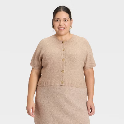 Women's Short Sleeve Cozy Knit Button-Down Cardigan Sweater - Universal Thread™ Tan 3X | Target
