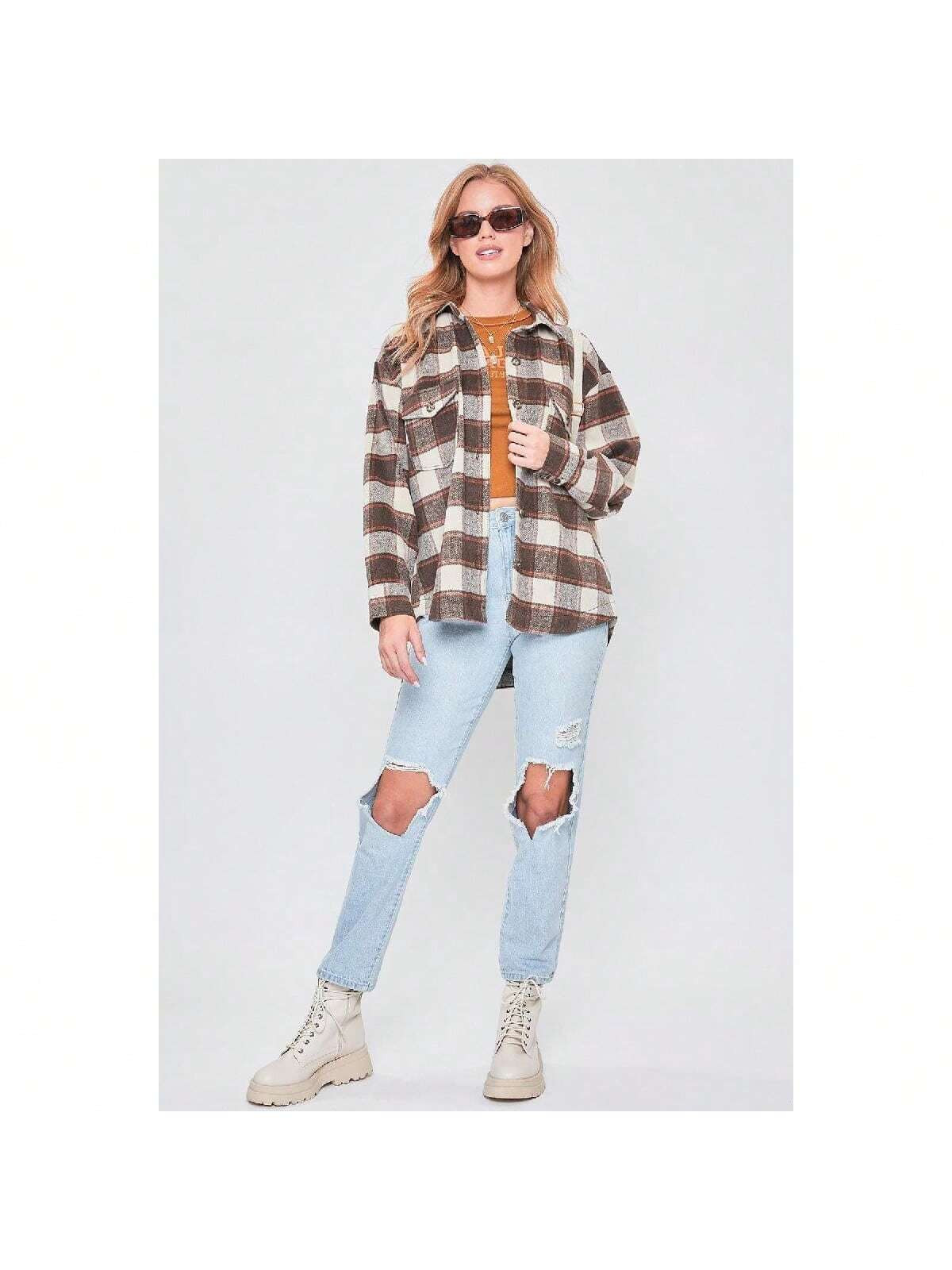 Women's Oversized Plaid Flannel Shacket | SHEIN USA | SHEIN