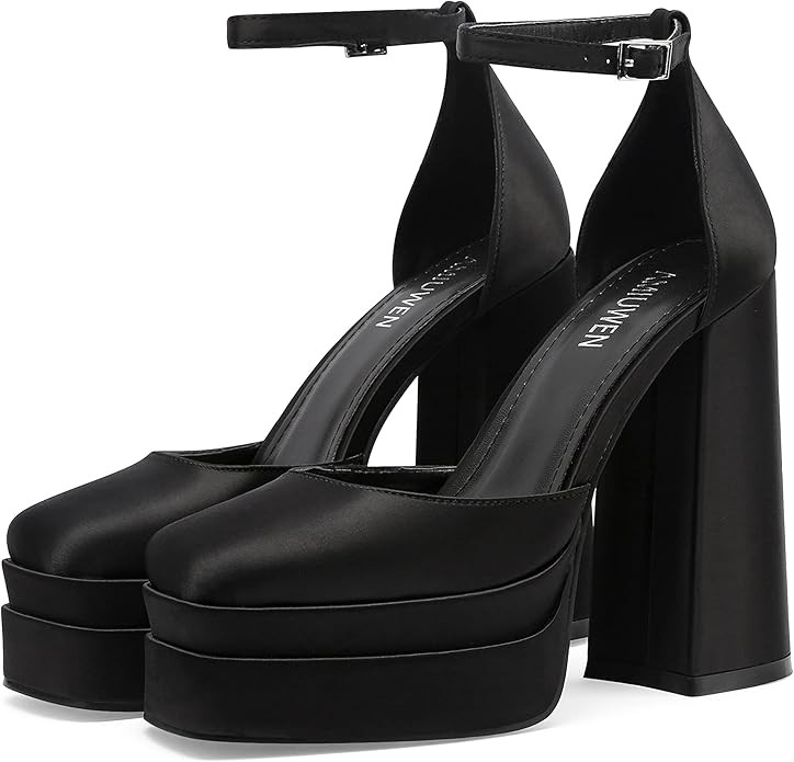 amiuwen Women Platform Pump Sandals,5" Chunky Block Heel,Ankle Strap Buckle,Closed Square Toe,Par... | Amazon (US)