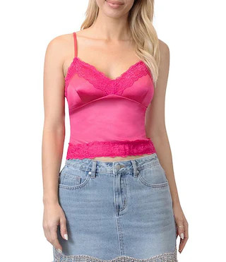 Stevie by Steve Madden Stretch Satin V-Neck Lace Trim Cami Top | Dillard's