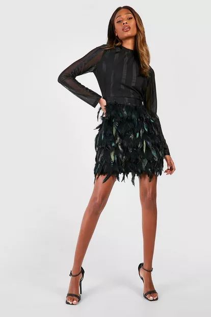 High Neck Feather Skirt Mini Party Dress | Boohoo.com (US & CA)
