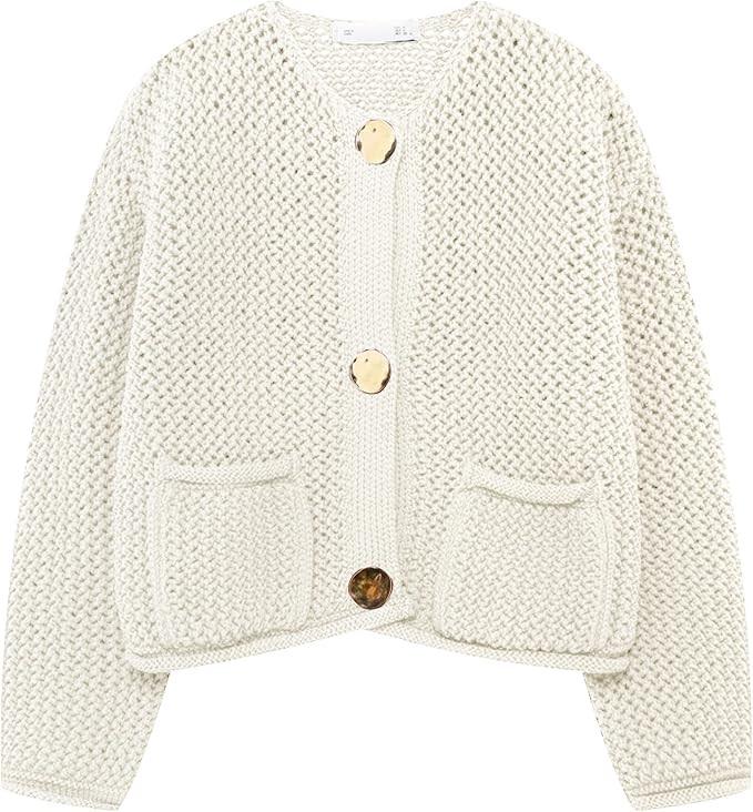 Wyeysyt Womens Cropped Cardigan Sweaters Chunky Knit Gold Button Down Open Front Cardigan Long Sl... | Amazon (US)