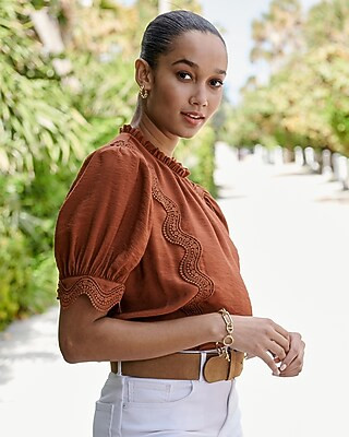 Lace Pieced Mock Neck Top | Express