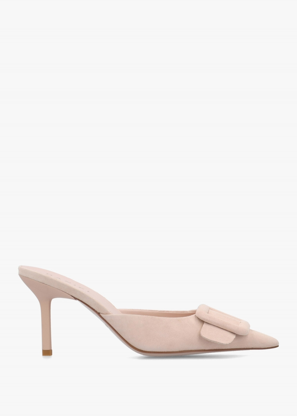 Etta Nude Suede Buckle Trim Heeled Mules | Daniel Footwear (UK)