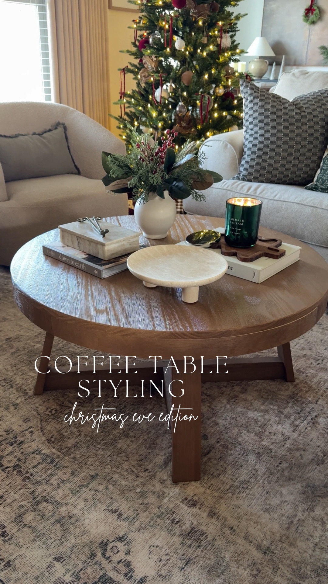 Holiday coffee table styling on Christmas Eve ✨ Glowing candle, simple seasonal touches, and keeping it cozy. On the agenda tonight: Christmas Eve fettuccine and watching The Holiday—the best kind of tradition 🎄

#LTKHoliday #LTKHome