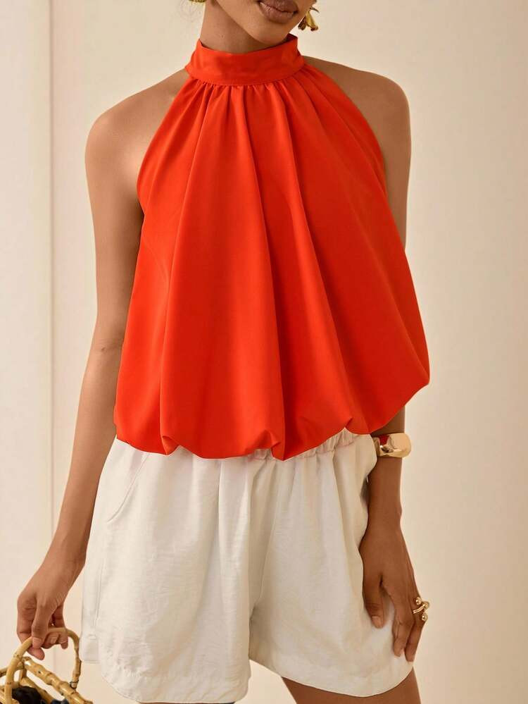 Vesra Women's Solid Color Ruched Halter Casual Versatile Daily Wear Top | SHEIN