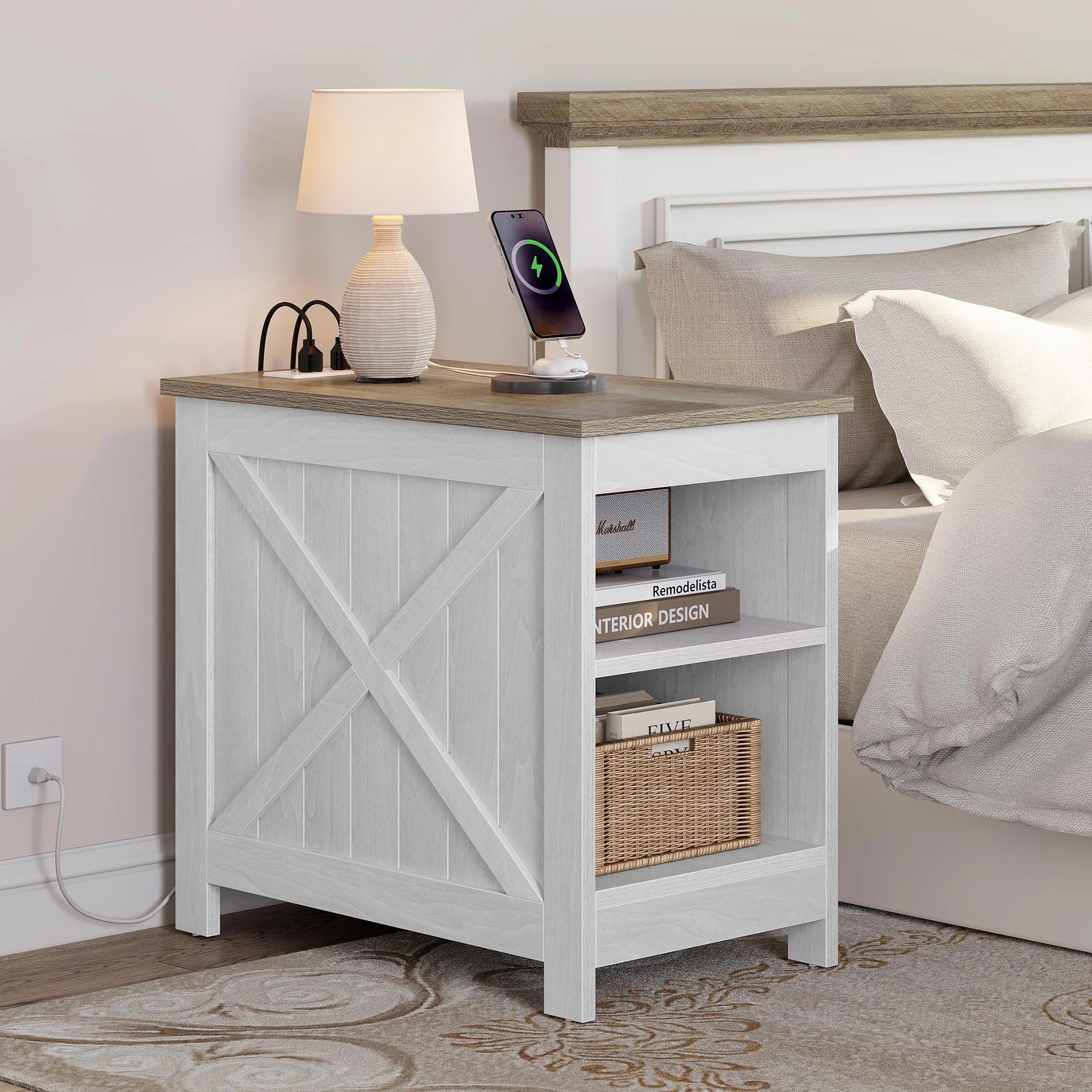 Dextrus Farmhouse Nightstand with Charging Station End Table Side Table with Storage Cabinet, Whi... | Walmart (US)