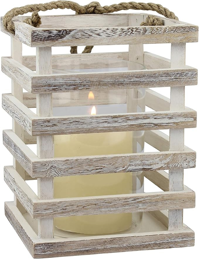 Stonebriar SB-5080B Worn White Wooden Beach House Candle Lantern with Rope Handle and Removable G... | Amazon (US)