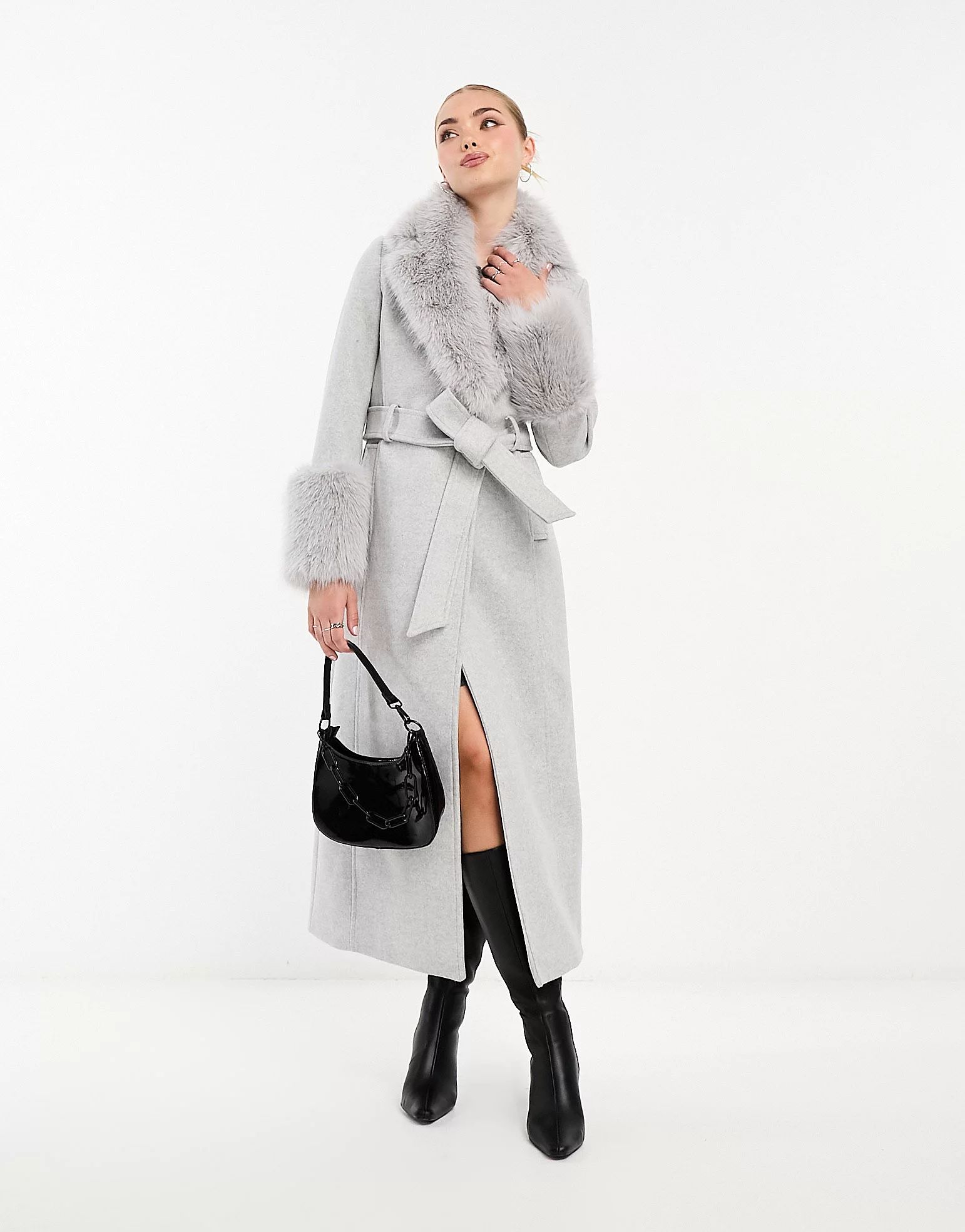 Ever New faux fur maxi coat in light gray | ASOS (Global)