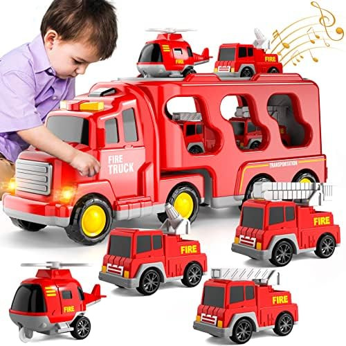 Amazon.com: iHaHa Fire Truck Toys for 1 2 3 4 5 6 Years Old Boys Toddlers, 5 in 1 Kids Carrier Fi... | Amazon (US)