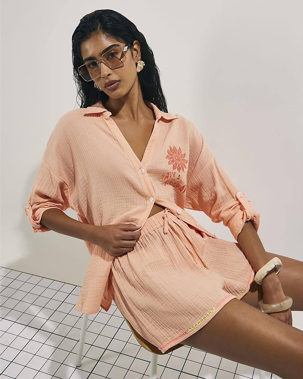 Orange Textured Beach Shorts | River Island UK & IE