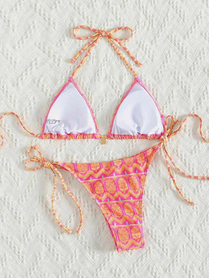 SHEIN Swim Mod Summer Beach Random Printed Side Knot Bikini Swimsuit Set | SHEIN