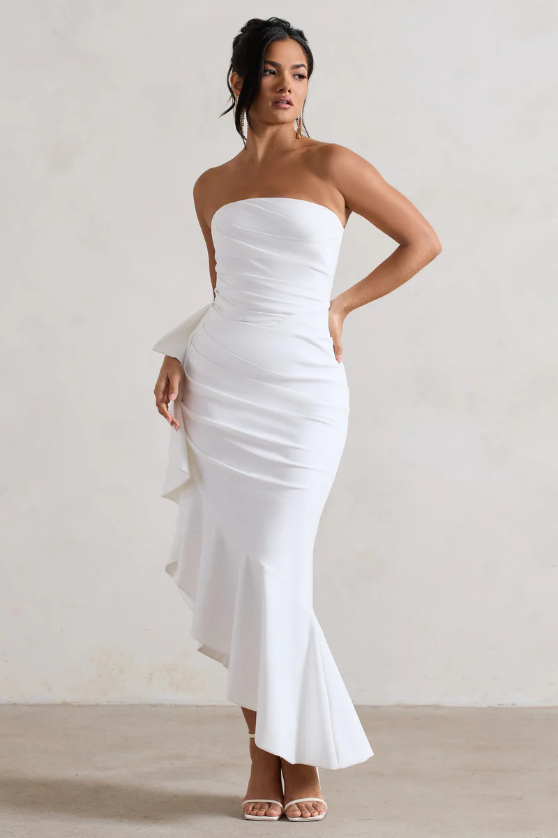New Age  White Strapless Asymmetric Ruffled Maxi Dress | Club L London