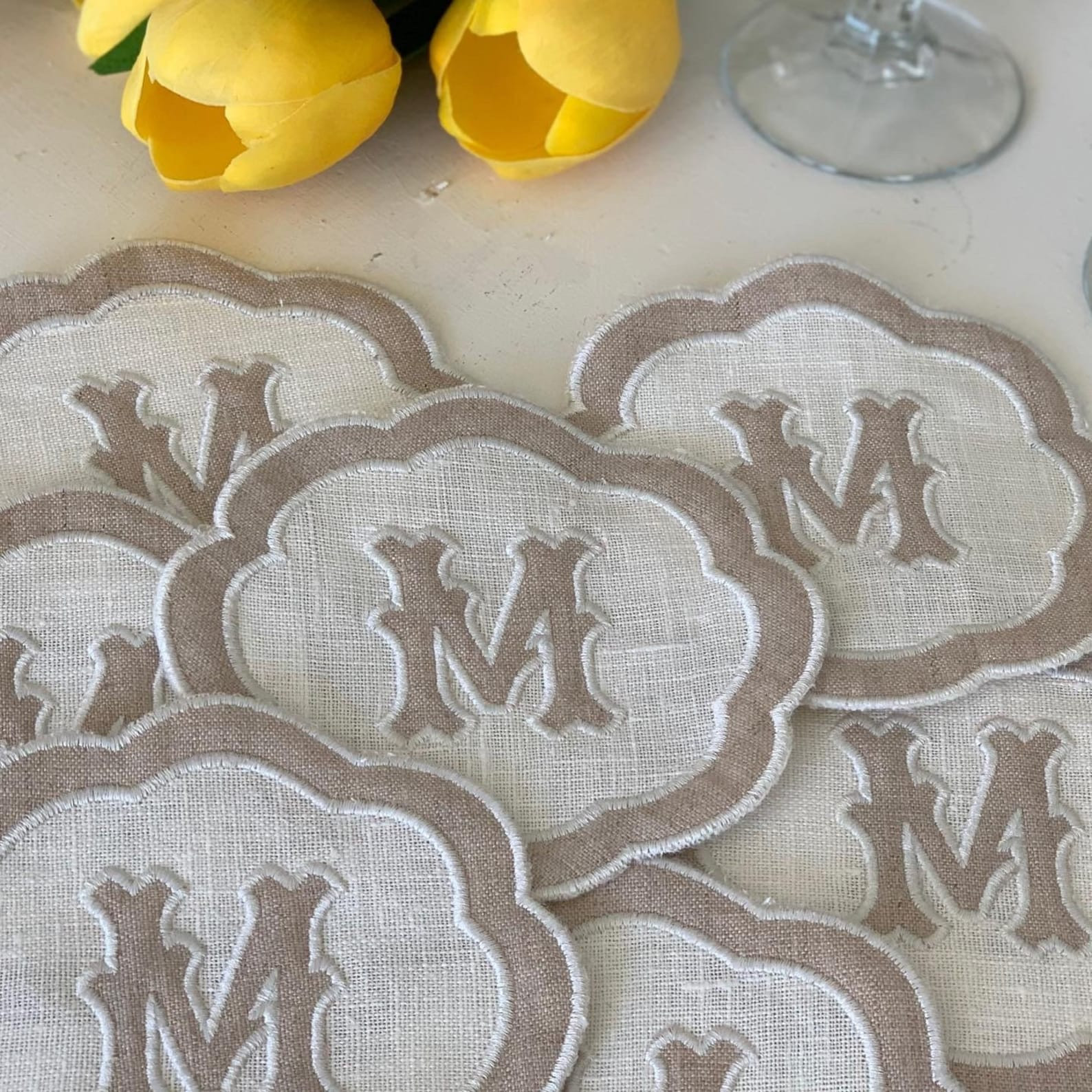 Custom Linen Appliqué Coasters: Scalloped Monogrammed Cocktail Napkins | Etsy (Global)