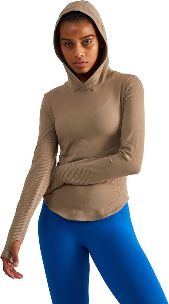 Womens Hooded Athletic Long Sleeve Running Shirts Workout Yoga Tops with Thumb Holes Slim Fit | Amazon (US)