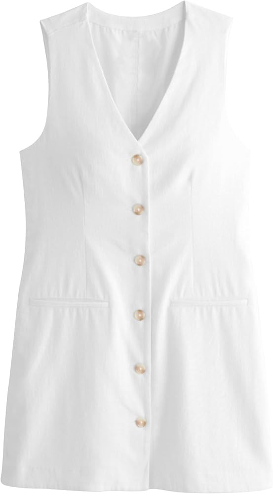 Womens Cotton Linen Vest Mini Dress Casual Button Down Sleeveless V Neck Short Tops with Pockets | Amazon (US)