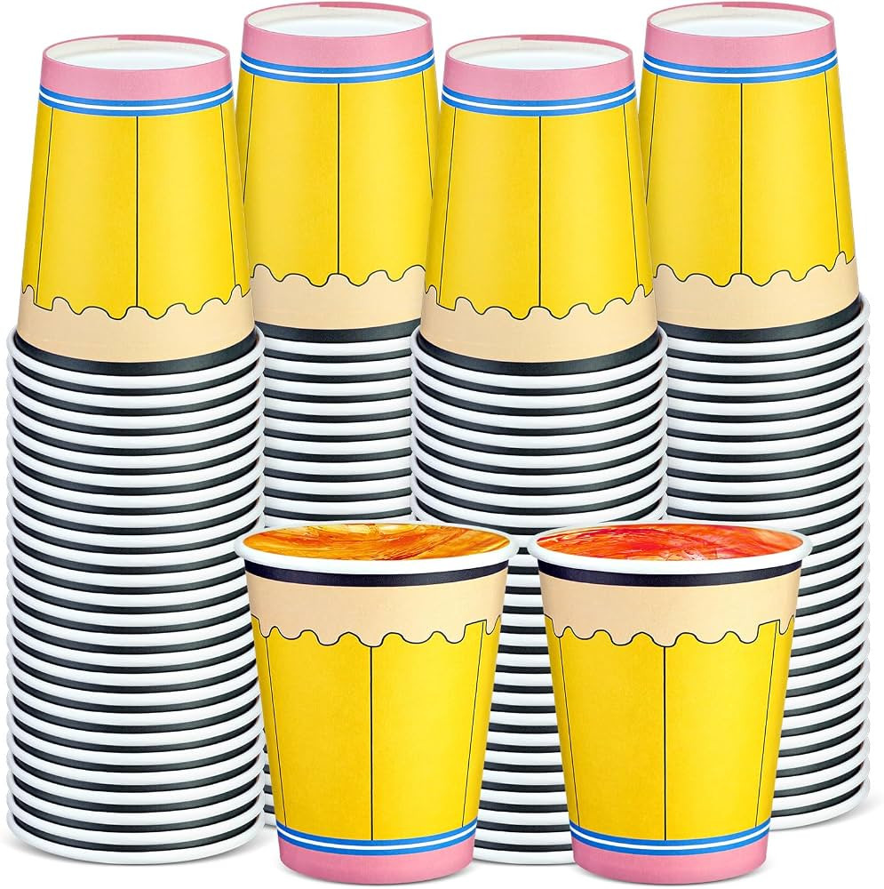 Funtery 100 Pieces Pencil Paper Cups Back to School Disposable Coffee Cups 9 Ounce Drinking Tea Paper Cups Pencil Cups for Daily Use Back to School Party | Amazon (US)