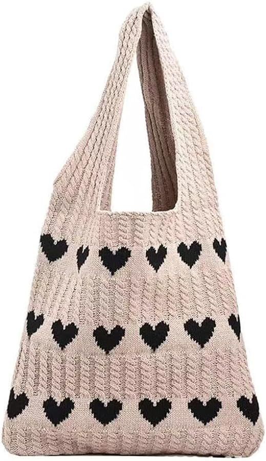 Lushandy Women Knit Beach Tote Bag Crochet Shoulder Bag Heart Pattern Beach Tote Handbags Aesthet... | Amazon (US)