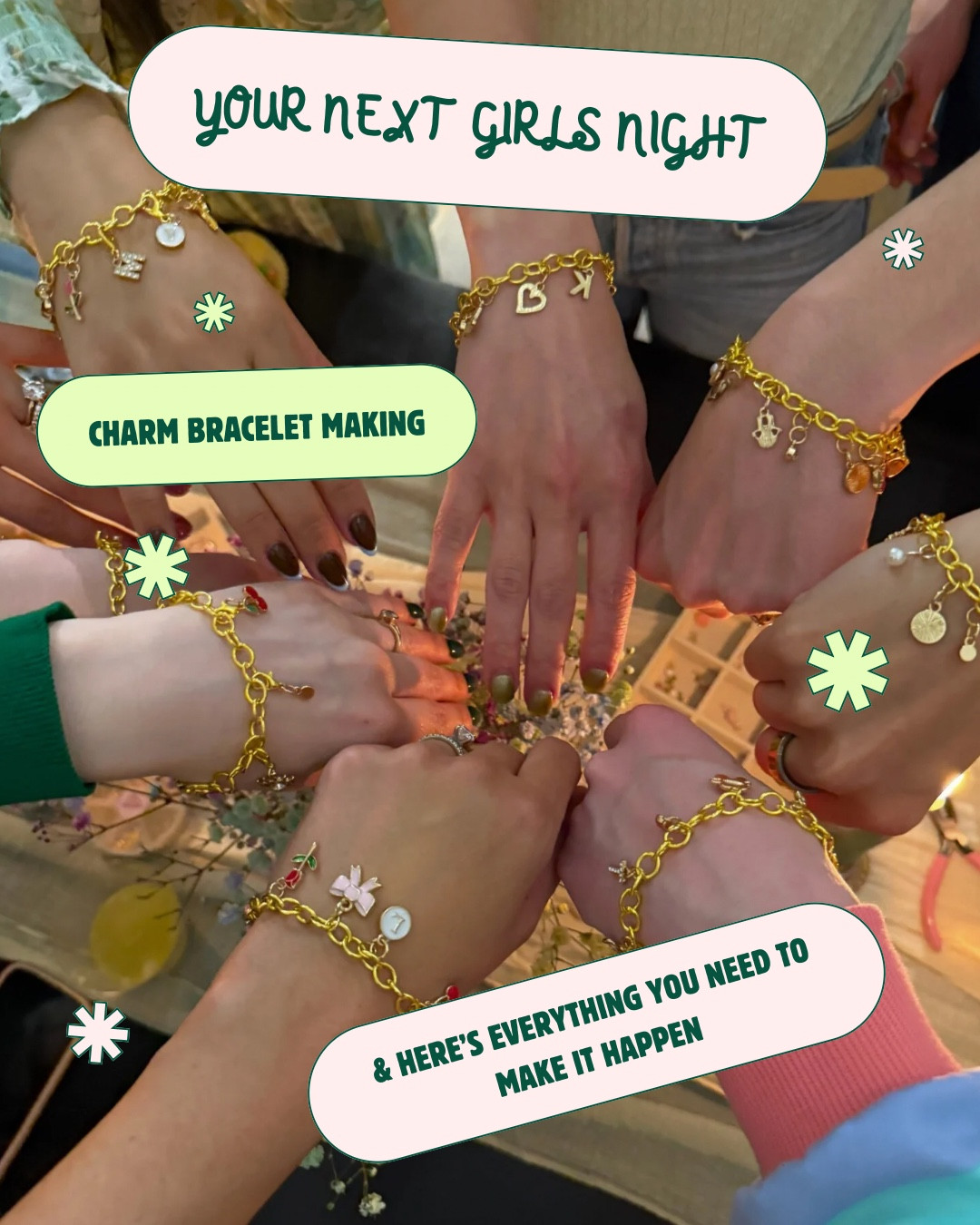 Charm bracelet making for your next girls night in. Girls night in ideas can be so fun! We made our DIY charm bracelet making lucky charms themed! Everything linked. Gold chains for charm bracelets. 