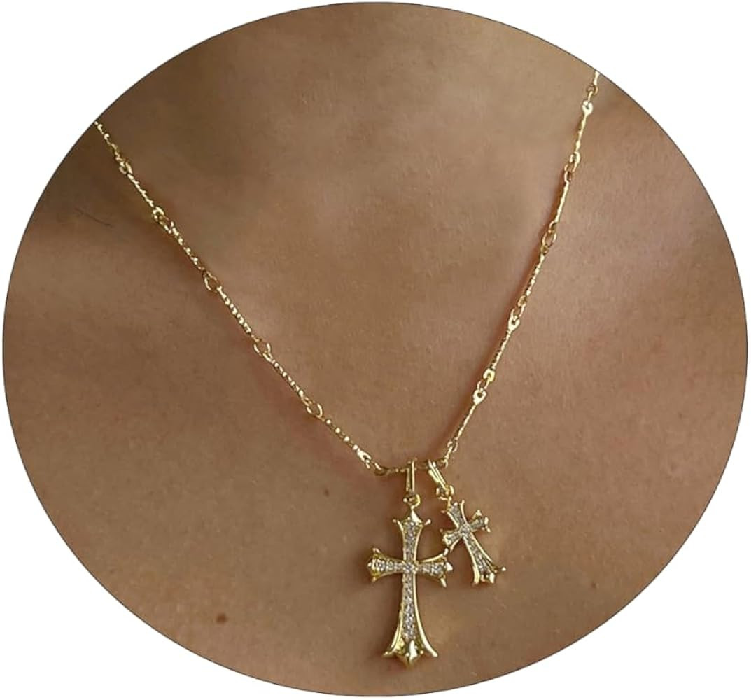 Cross Necklace for Women, 14K Gold Plated/Silver Chain Necklace Layered Dainty Sideways Cross Pen... | Amazon (US)
