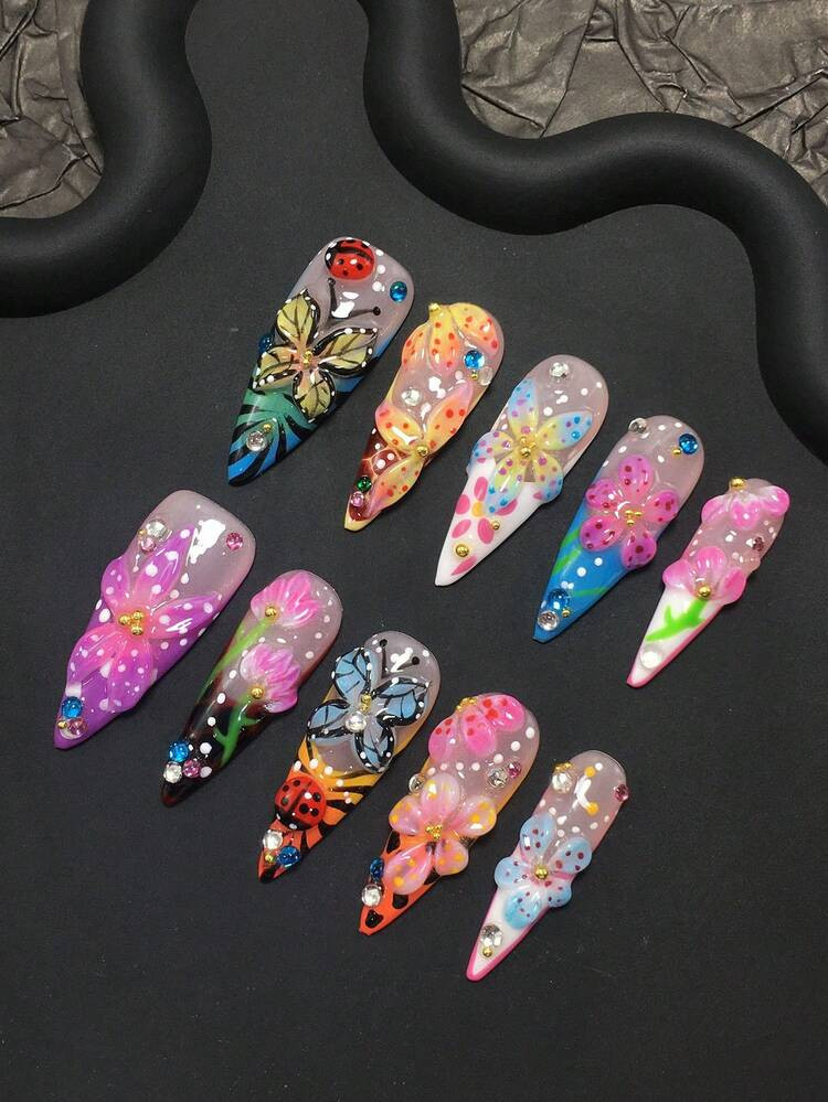 10-Piece Y2K Style Handcrafted Square Press-On Nails Set - Handmade With Handcrafted Ladybugs, Co... | SHEIN