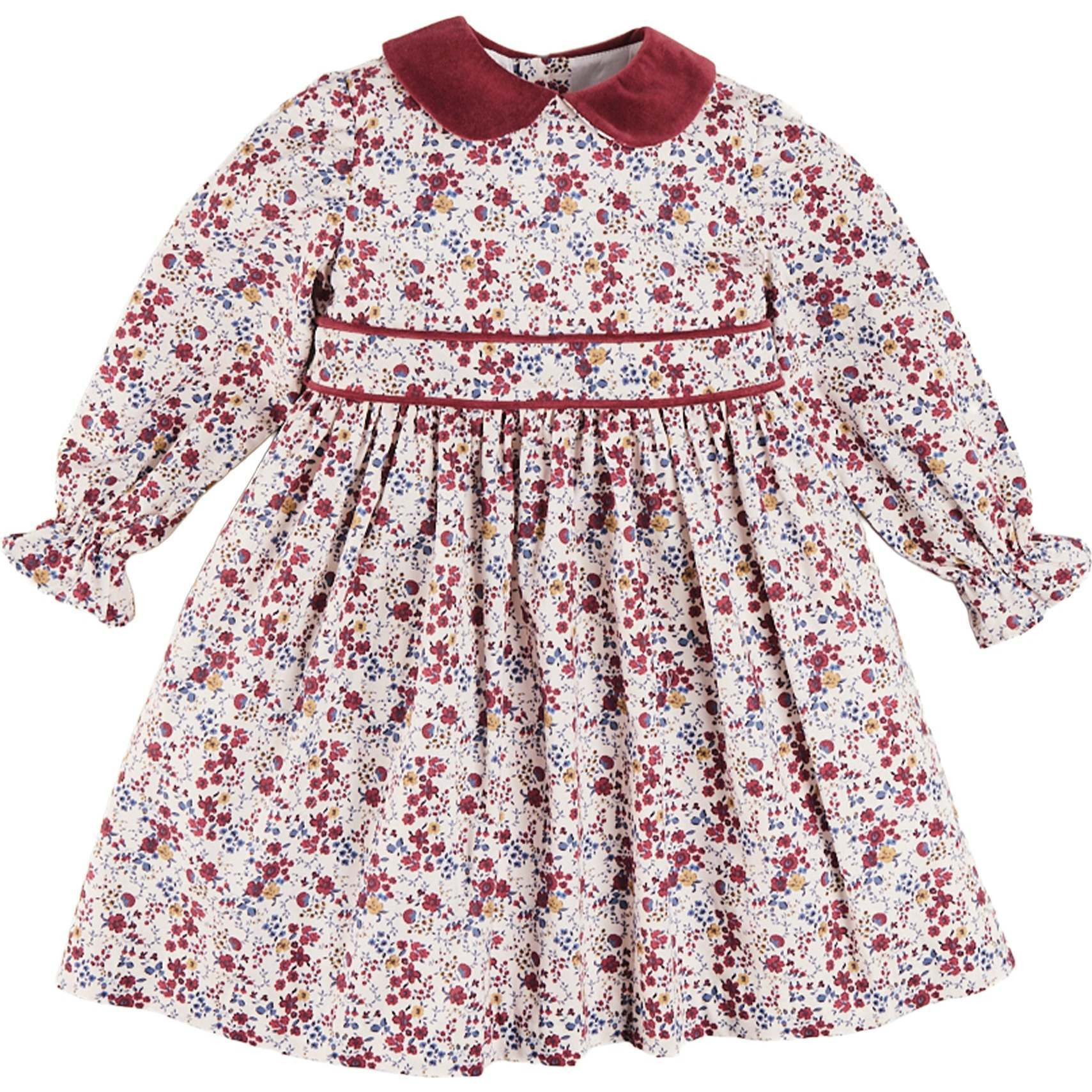 Louisa Floral Velvet Collar Long Sleeve Dress, Burgundy | Maisonette