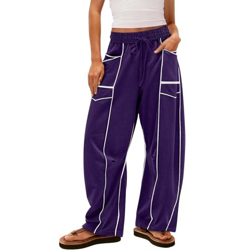 Barrel Sweatpants Women 2025 High Waist Elastic Wide Leg Pants Comfy Baggy Drawstring Loose Long and Tall Contrast Patchwork Trousers Pantalones Anchos para Mujer with Pockets Dark Purple | Amazon (US)