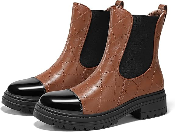 Coutgo Womens Platform Chelsea Boots Low Heel Lug Sole Ankle Booties Quilted Two Tone Pull on Win... | Amazon (US)