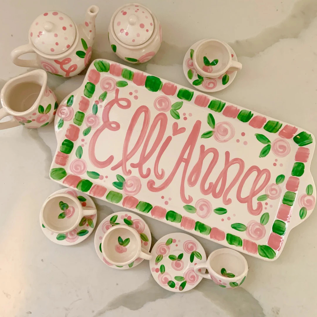 Little Girls Personalized Tea Set With Tray // Lets Have Some Tea // Pink Roses Design - Etsy | Etsy (US)