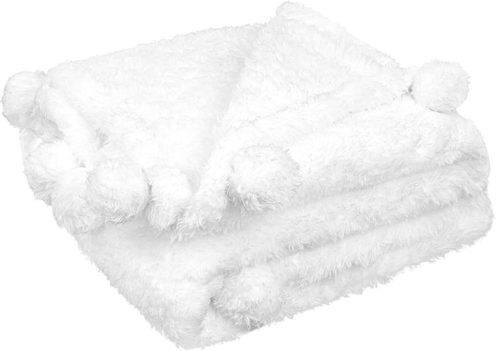PAVILIA White Sherpa Throw Blanket for Couch, Pom Pom | Fluffy Plush Soft Blanket for Sofa Bed | ... | Amazon (US)