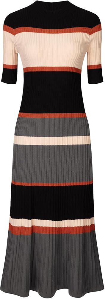 Women's Knit Striped Dresses Short Sleeve Midi Ribbed Sweater Dress | Amazon (US)