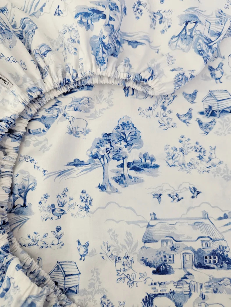 Almost GONE ORGANIC Toile Baby Bedding Ducks Sheep Farm Crib Sheet White Blue Nursery Changing Pa... | Etsy (US)