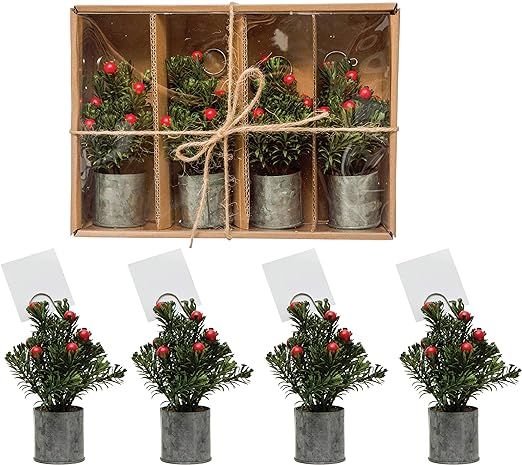 Creative Co-Op 5-1/2"H Faux Evergreen Place Card Holders in Galvanized Metal Pot, Boxed Set of 4 ... | Amazon (US)