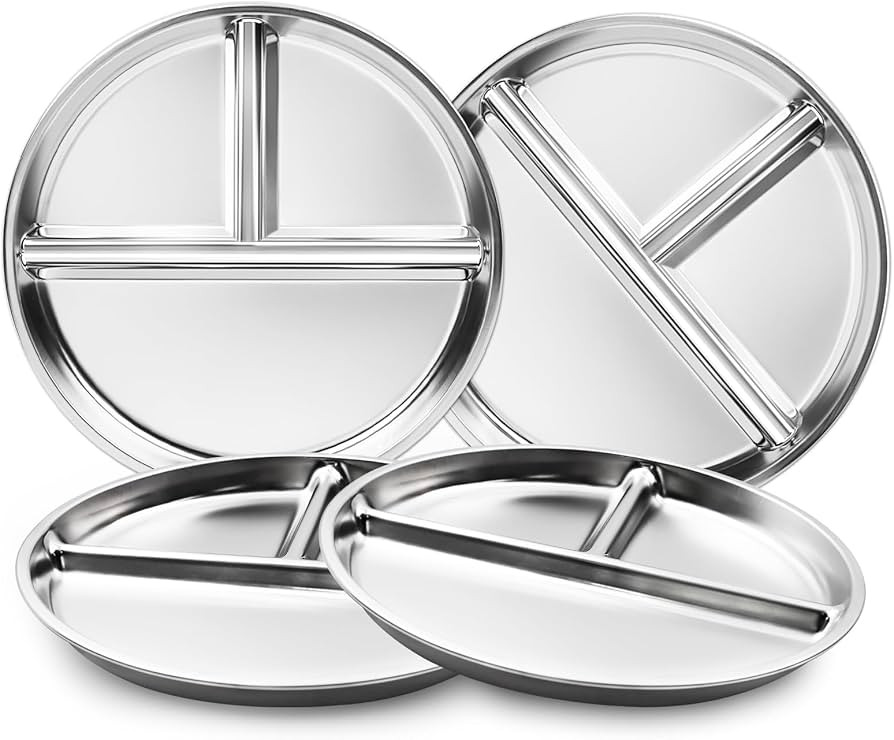 Bakpoco Stainless Steel Kids Plates Set of 4, 9" Portion Control Plates Divided Plate for Adults ... | Amazon (US)