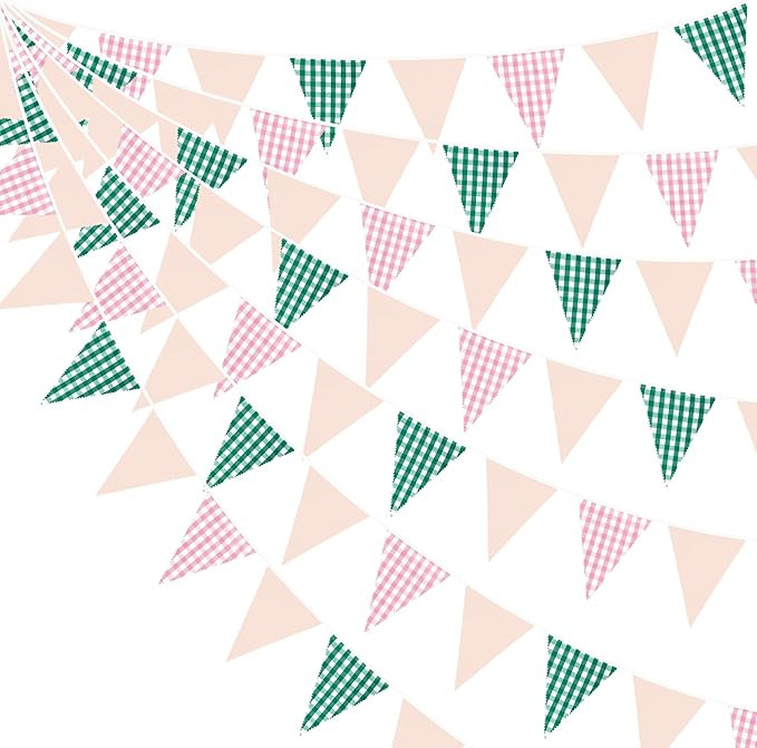 32Ft Pink Green Gingham Camp Bride Banner Green Pink Plaid Checkered Fabric Triangle Flag Pennant... | Amazon (US)