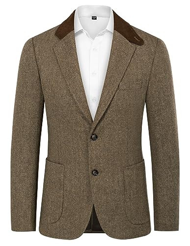 Mens Herringbone Blazer Vintage Tweed Blazer British Wool Blend Sport Coat Light Coffee M | Amazon (US)