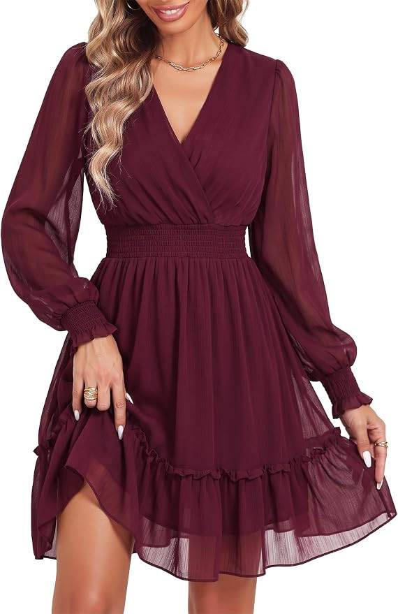 Prettywear Women's Chiffon Long Sleeve Wrap Neck Wedding Guest Mini Dress | Amazon (US)
