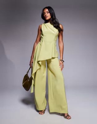 ASOS DESIGN twist shoulder draped jumpsuit in lime | ASOS (Global)