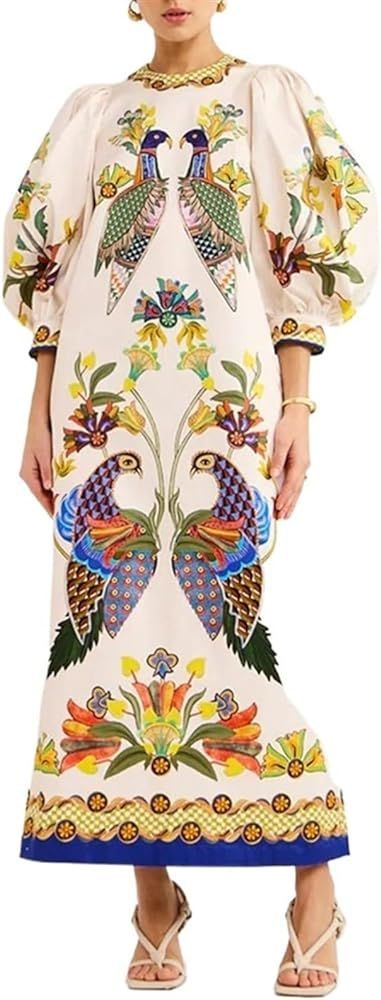 Autumn Printed Peacock 3/4 Sleeves Round Neck Dress Retro Flare Long Dress Printed Flare Dress | Amazon (US)