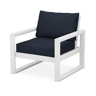 POLYWOOD Yacht Club White Deep Seating Plastic Outdoor Lounge Chair with Marine Indigo Cushion | The Home Depot