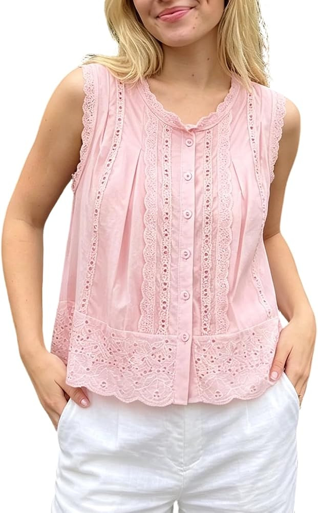 Women Boho Lace Trim Tank top Sleeveless Button Down Front Tie Lace Babydoll Tops Flowy Crop Top ... | Amazon (US)
