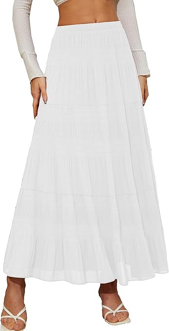 Women's Chiffon White Flowy Maxi Skirts Boho Summer Elastic Waisted Pleated A Line Long Skirt for... | Amazon (US)