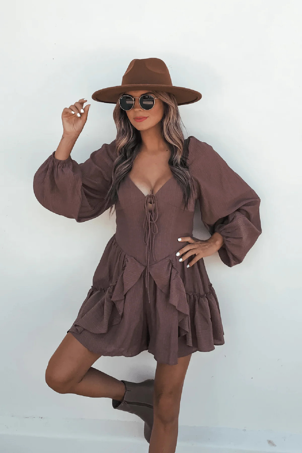Shay Mocha Ruffled Sweetheart Romper | Magnolia Boutique