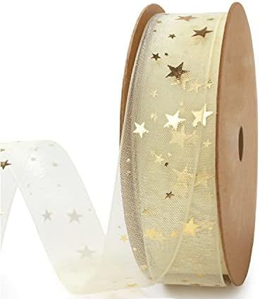 Holijolly Gold Star Sheer Ribbon - Snow Yarn Ribbon for Birthday, Wedding, Christmas - 3/4 inch x... | Amazon (US)