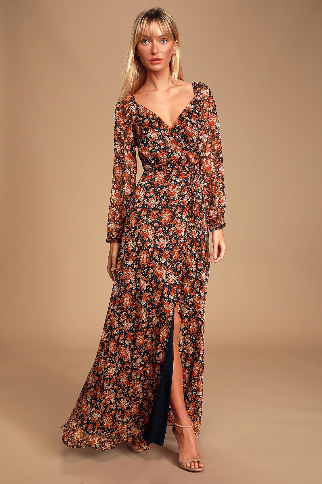 True to Love Black and Red Floral Print Chiffon Wrap Maxi Dress | Lulus (US)